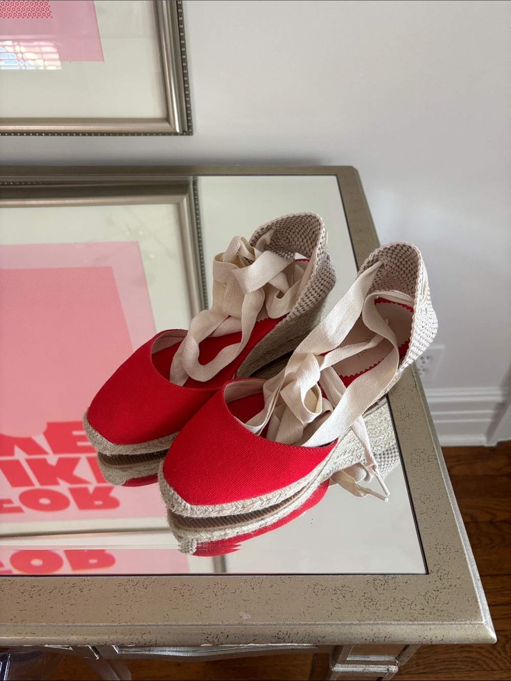 J. Crew Red Espadrille Wedge Sandals with Cream Ankle Ties